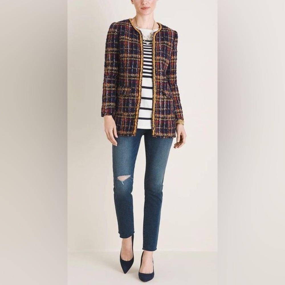 Chico’s Tweed Playful Plaid Mid Length Blazer Jacket Navy Multi